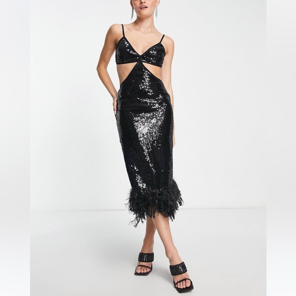 Sequin midi dress with feathers - Picture 1 of 3